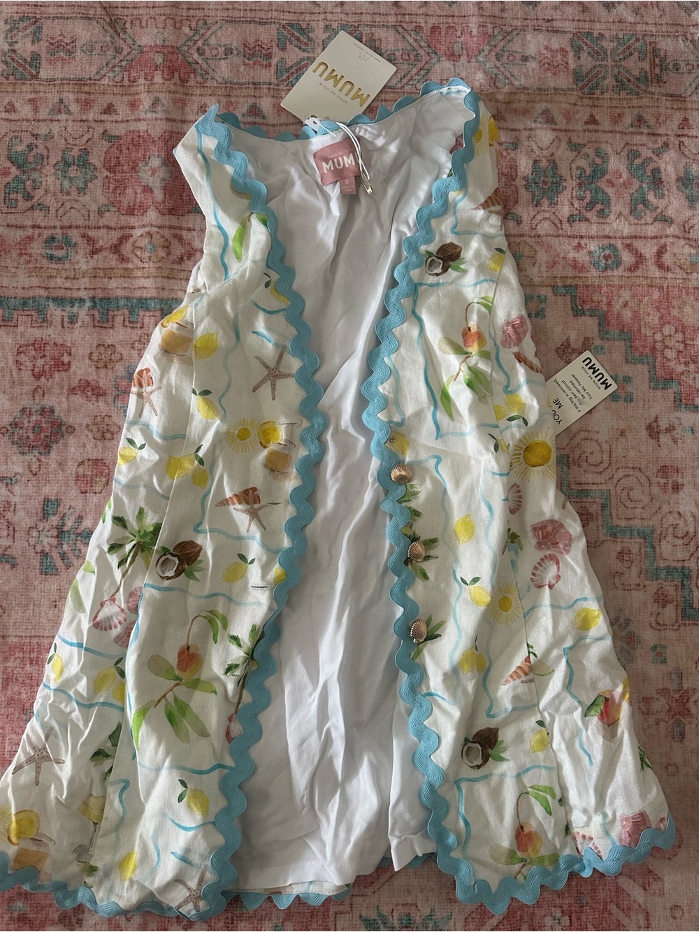 Mumu White Floral Embroidered Vest with Blue Ric Rac Trim